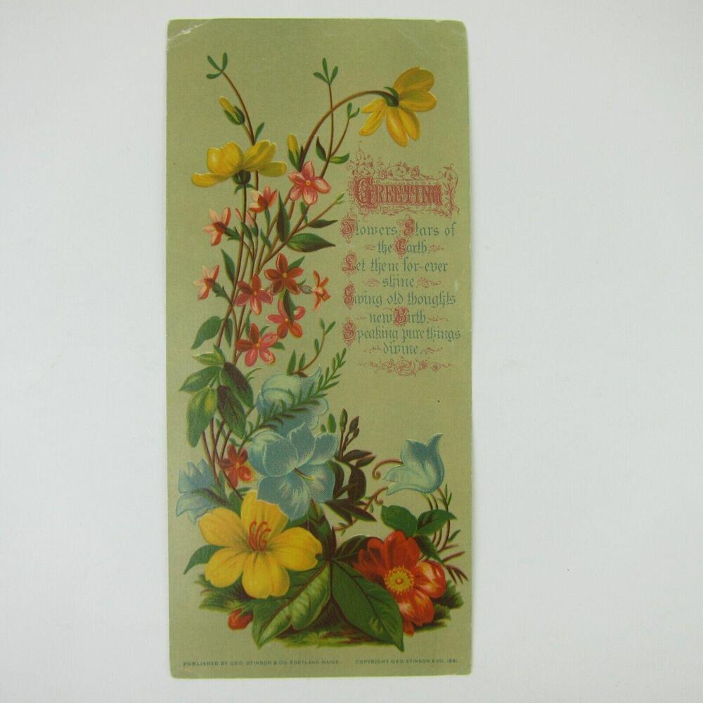 Victorian Greeting Card LARGE Flowers Red Yellow Blue Pink Antique 1881